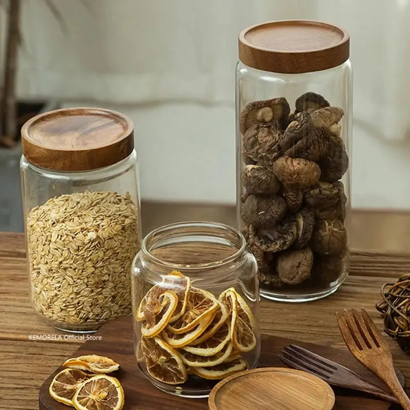 Wood Lid Glass Airtight Canister Set For Kitchen Storage Jars Containers Grains Tea Coffee Beans Candy