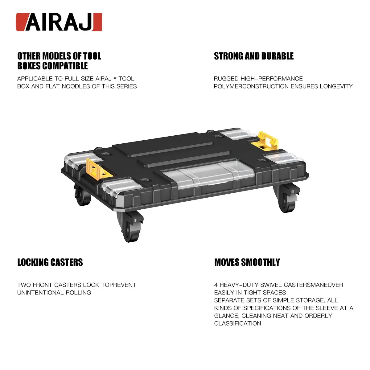 Airaj stackable modular toolbox on wheels with yellow latches and clear storage compartments