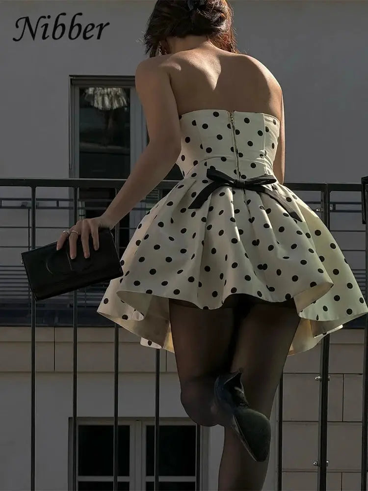 Nibber Dots Print Dress Backless Bow Applique Ruffles Y2K Bodycon