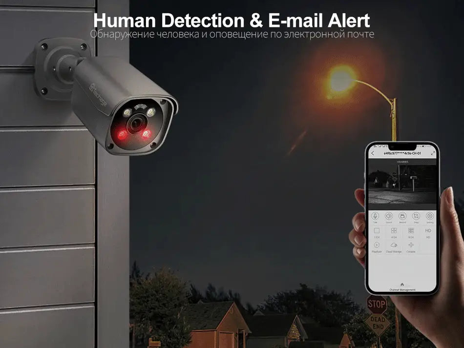 Techage outdoor metal POE IP camera with AI-driven human detection, mounted on wall beside smartphone app