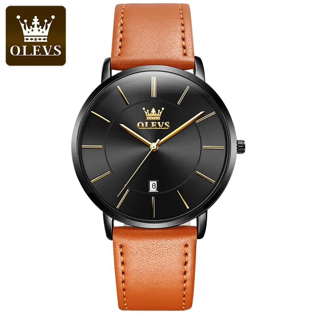 OLEVS men's quartz wristwatch with black dial, gold-tone markers, date window, and brown leather strap