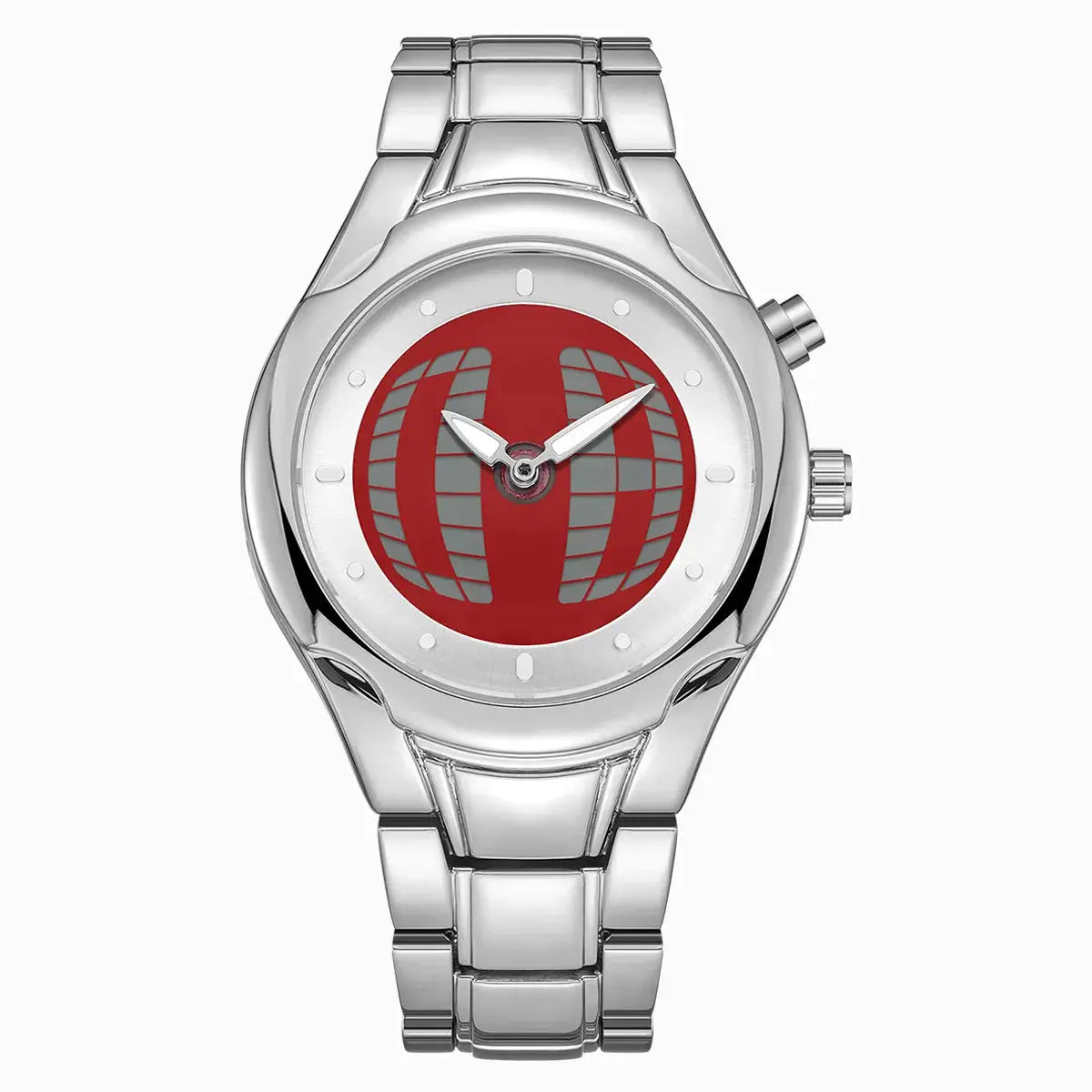 Men's stainless steel wristwatch with red dial and matching silver band.