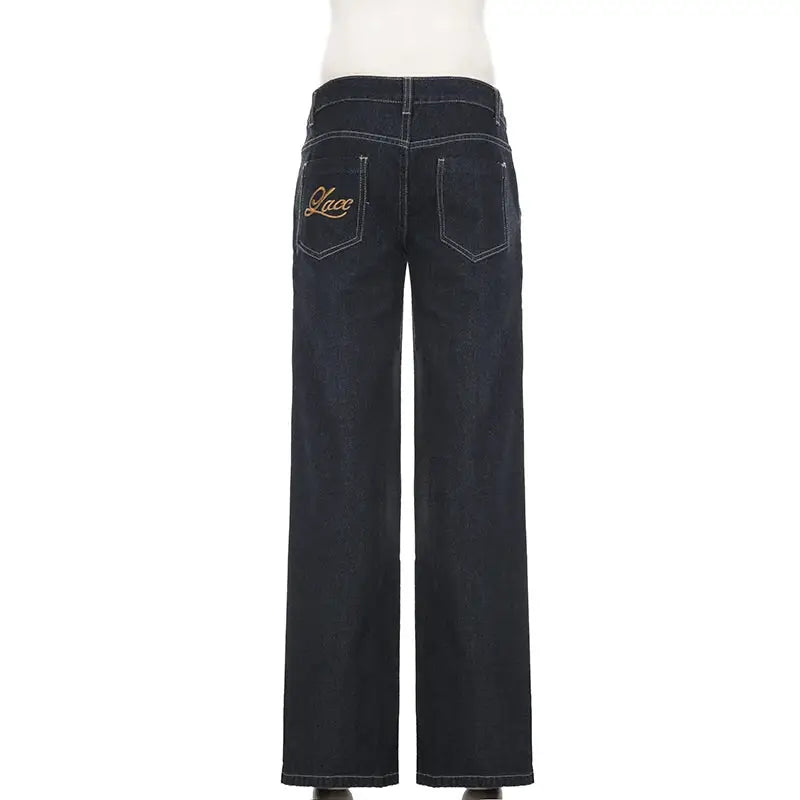 Women's Slim Fit Flared Jeans Y2K Low Rise Denim Embroidery Distressed