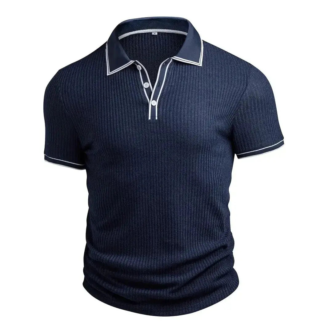 Men's navy polo shirt, short-sleeved ribbed knit with white-trim collar and placket.