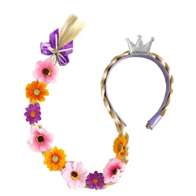 Frozen Elsa princess crown headband with braided blonde hair and colorful felt flowers
