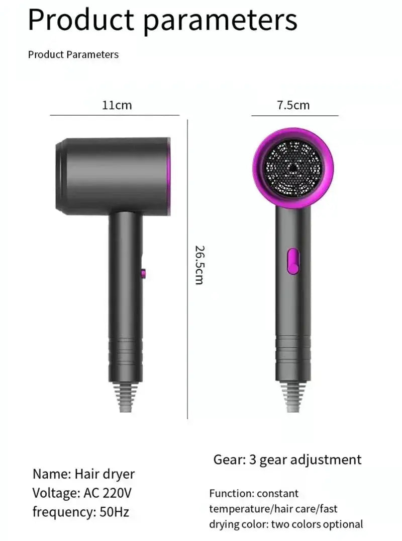 Hair dryer by Simples Market; black body with purple nozzle ring and 3-gear control