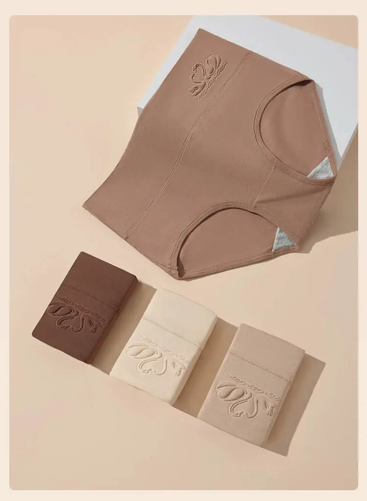 4-pack high-waist women's plus-size cotton panties by Simples Market; briefs in brown, cream, beige and taupe.