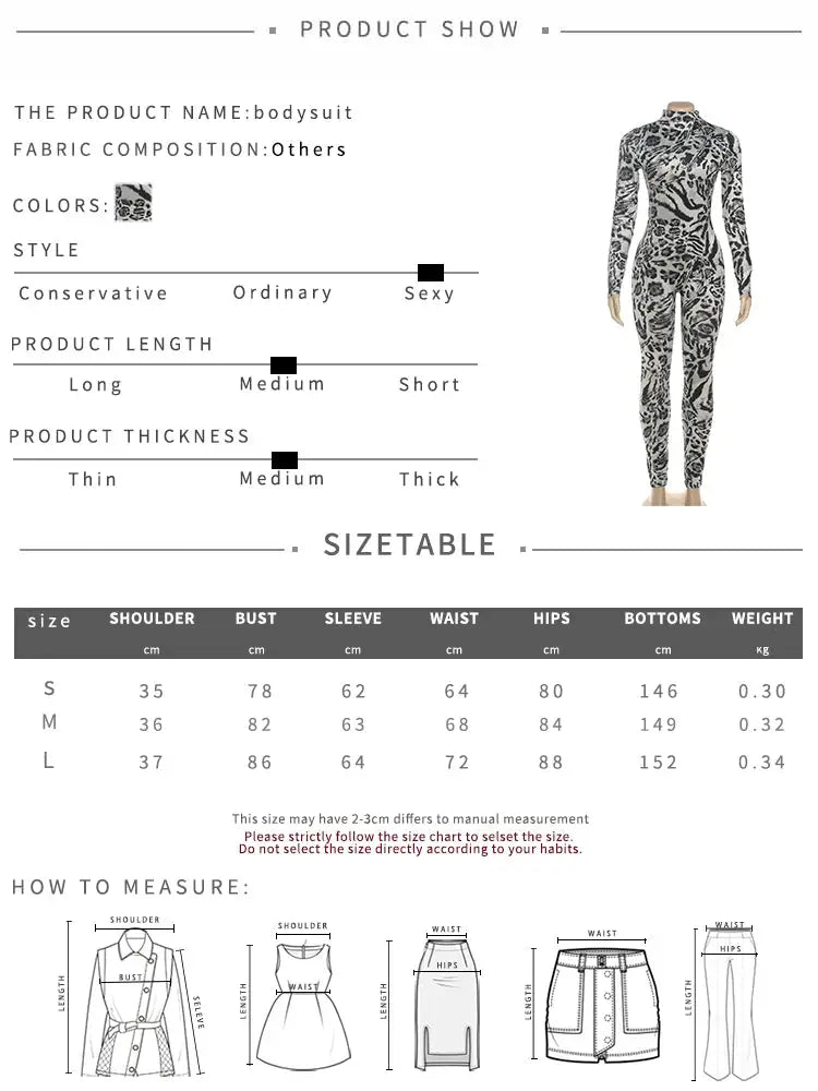 Leopard-print women's jumpsuit with turtleneck, long sleeves, full-length slim-fit overalls.