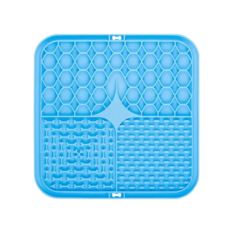 Pet Lick Silicone Mat by Simples Market; blue, four textured sections for slow feeding and distraction.