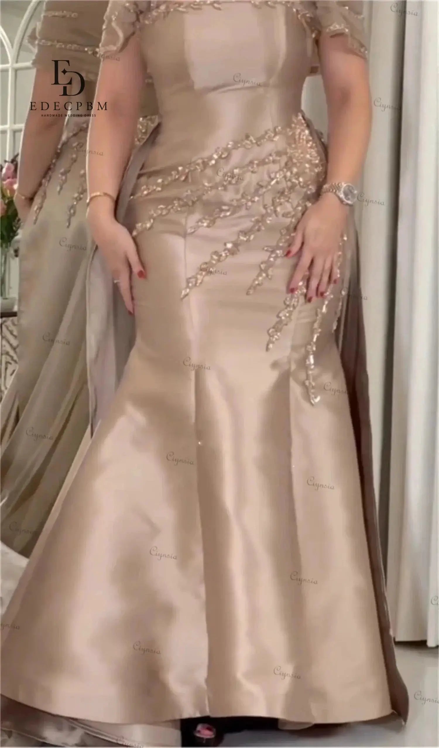Customized Saudi Champagne Satin Evening Dress With Beading Luxurious
