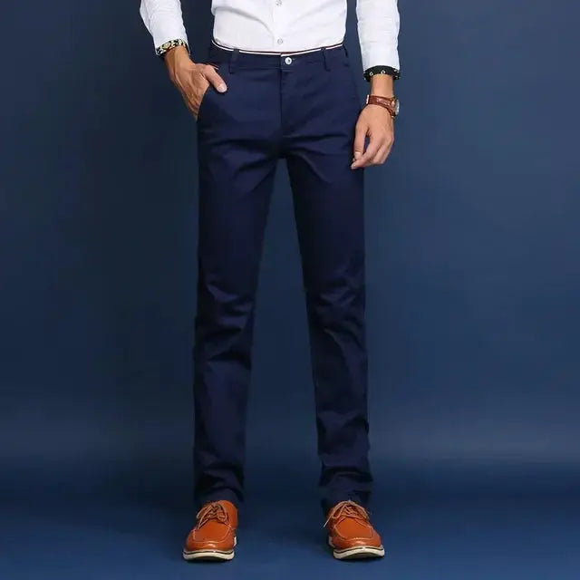 Men's navy cotton slim-fit casual office trousers, classic style, solid color.