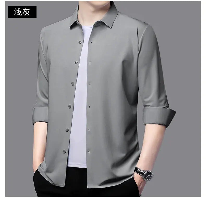Simples Market premium men's ultra-stretch silky long-sleeve shirt in light gray, button-down with rolled cuffs.