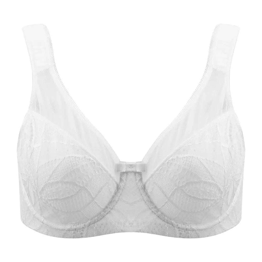 Plus-size underwire bra in white lace with floral pattern and full-coverage cups