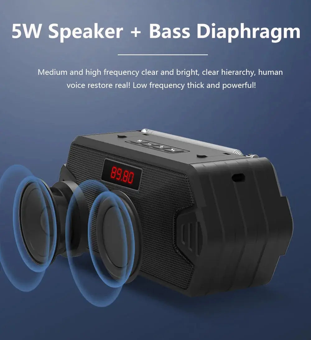 Black outdoor portable Bluetooth speaker with bass diaphragms and a digital display