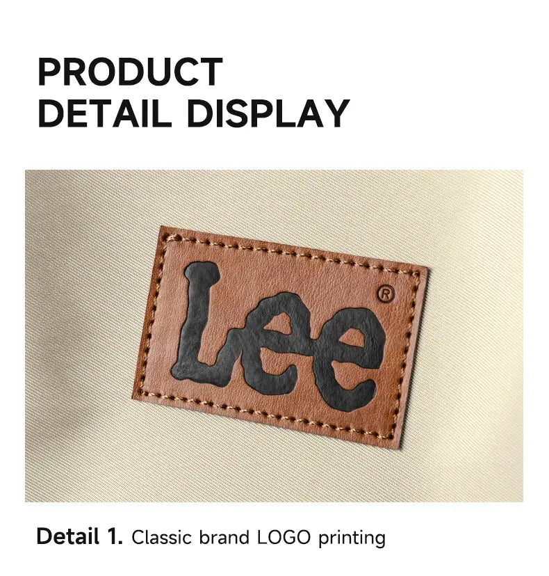 LEE logo patch on tan Oxford fabric laptop backpack; lightweight 16-inch bag.