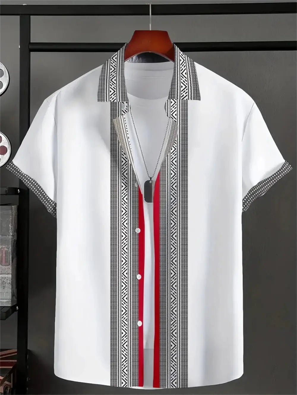 Simple Men's Shirt with white fabric, black geometric trim, and red inner placket.