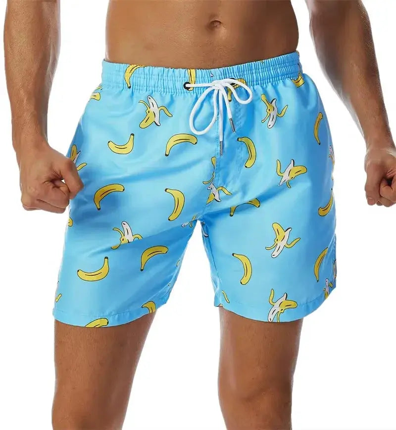 Board shorts, men's blue banana-print quick-dry beach trunks