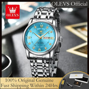 OLEVS stainless steel men's quartz watch with blue dial, diamond Roman markers, day/date window