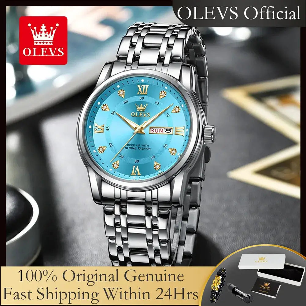 OLEVS stainless steel men's quartz watch with blue dial, diamond Roman markers, day/date window