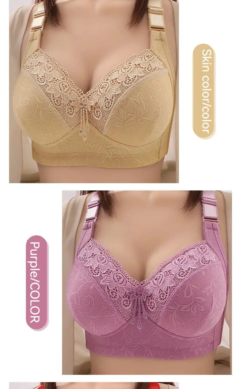 Lace bras by Simples Market in beige and pink, floral lace overlays with wide straps and deep V neckline; two-piece set.