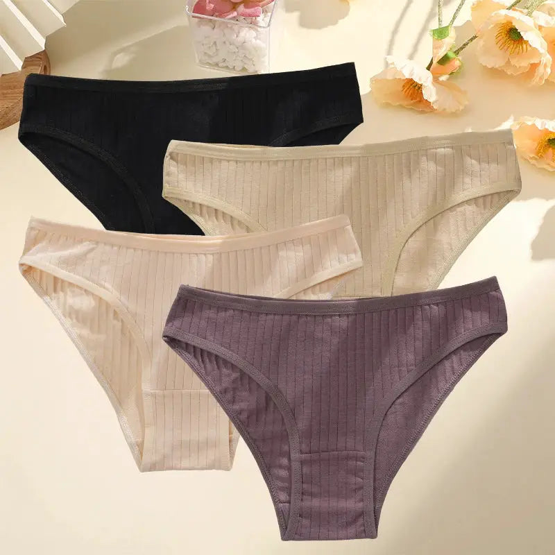 4-piece set of women’s cotton striped briefs by Simples Market in black, beige, blush, and plum
