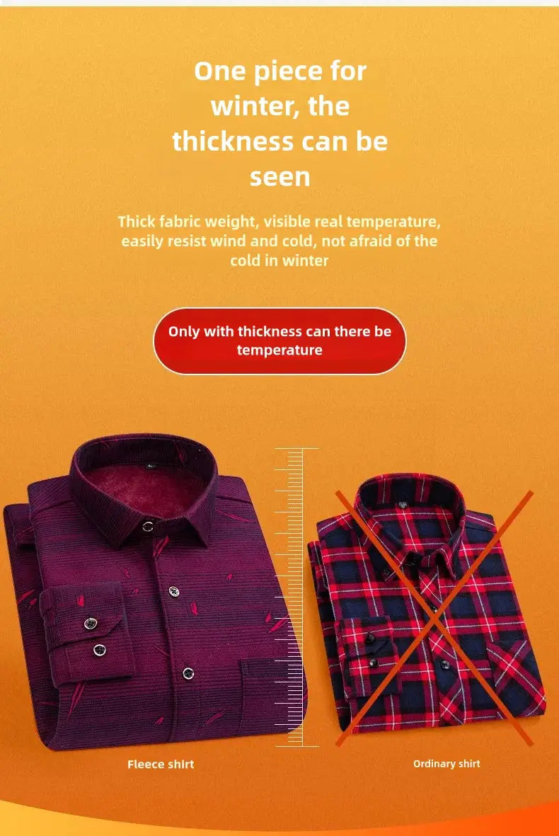 Simples Market men's fleece long-sleeve shirt, burgundy thickened fleece; plus-size 7XL–8XL; shown beside a plaid shirt.