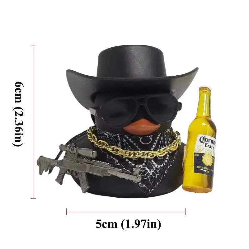 Cowboy rubber duck car ornament by Simples Market; black hat, sunglasses, gold chain, bandana, rifle, beer bottle