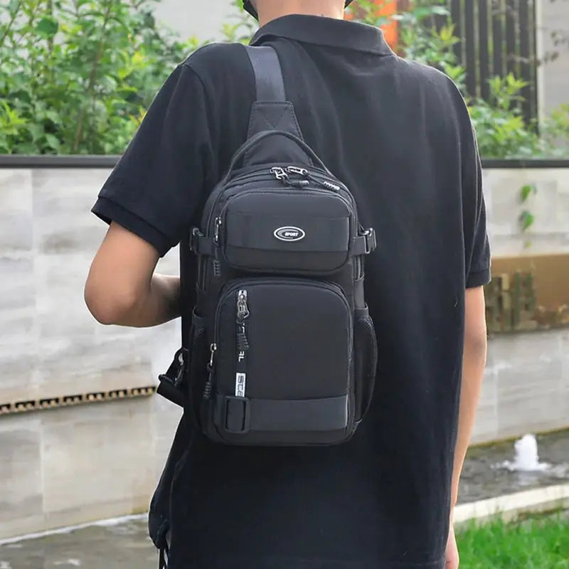 Lightweight men's crossbody bag worn by a man, showcasing its stylish design and functional features.