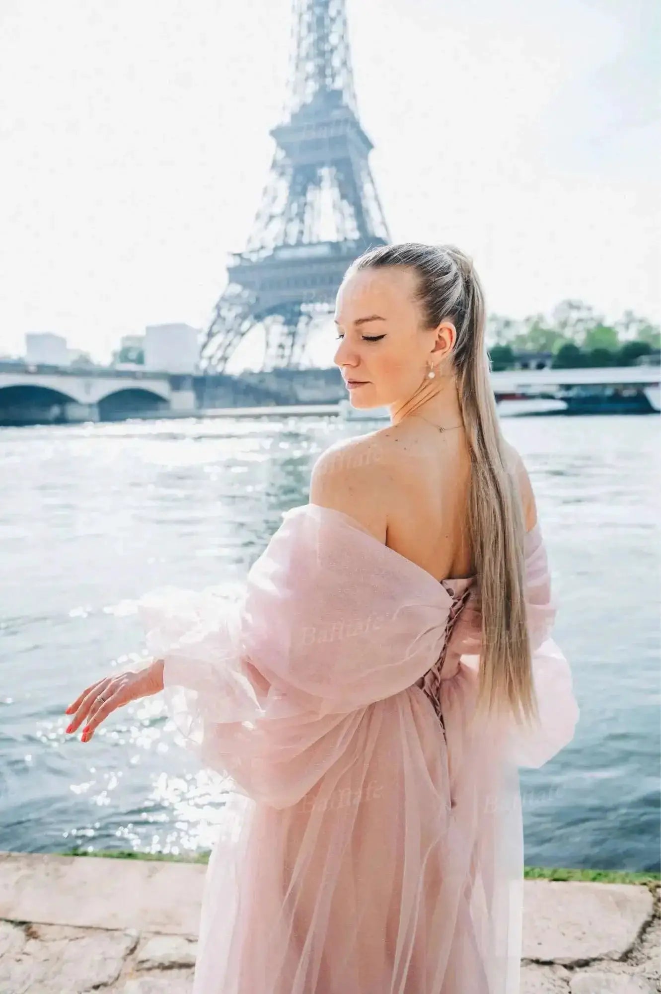 Bafftafe Pink Shiny Tulle Prom Dress Off Shoulder Puff Sleeve Dress
