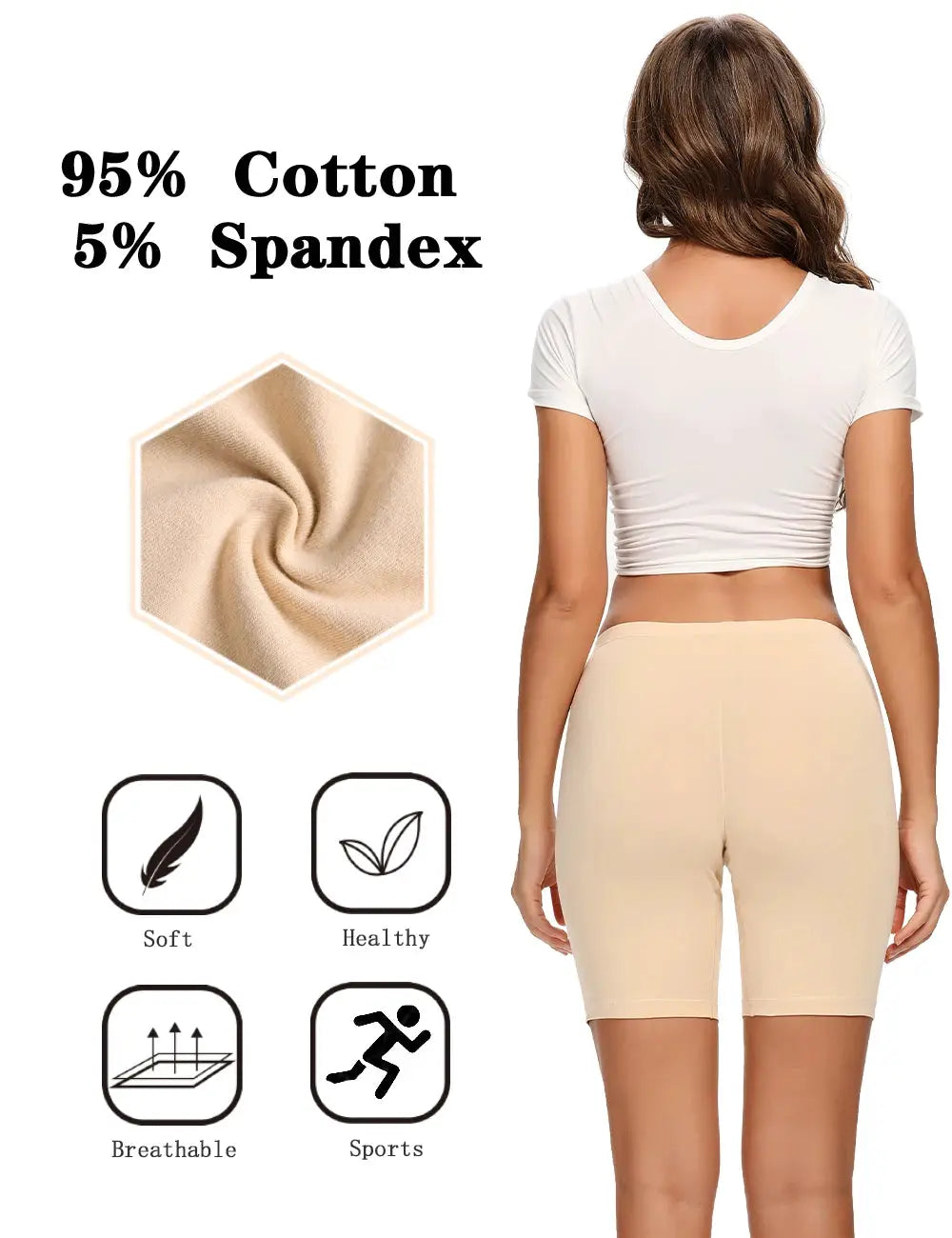 Women's beige cotton biker shorts underwear, high-waisted anti-chafe, 95% cotton 5% spandex, breathable