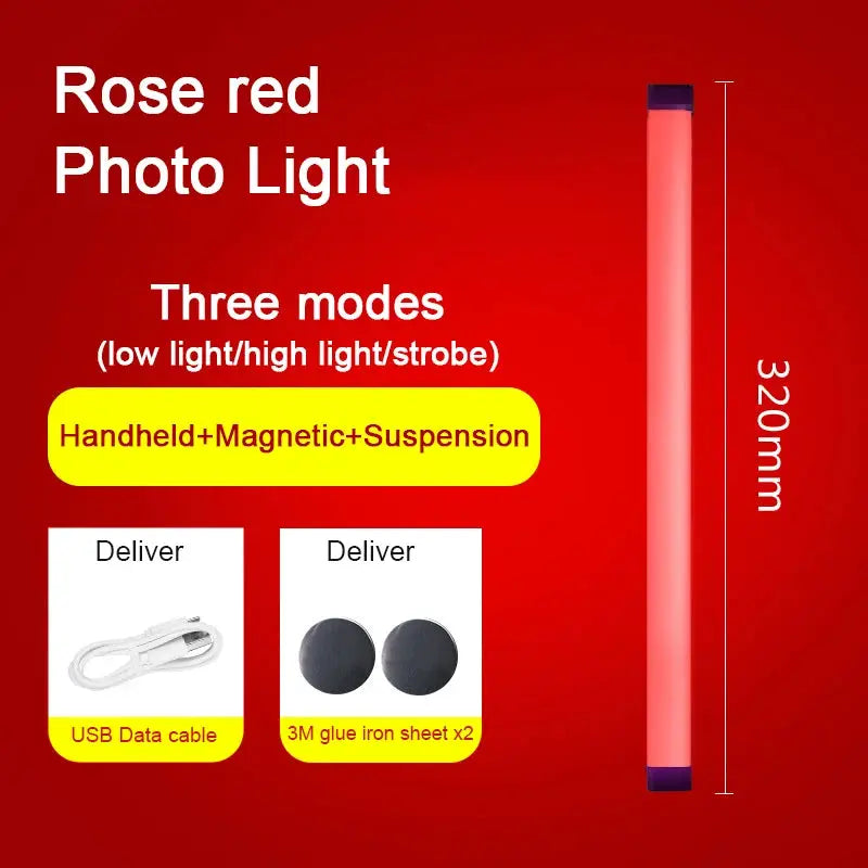 Simples Market LED Video Light Wand, rose red handheld light with three modes, 320mm length.