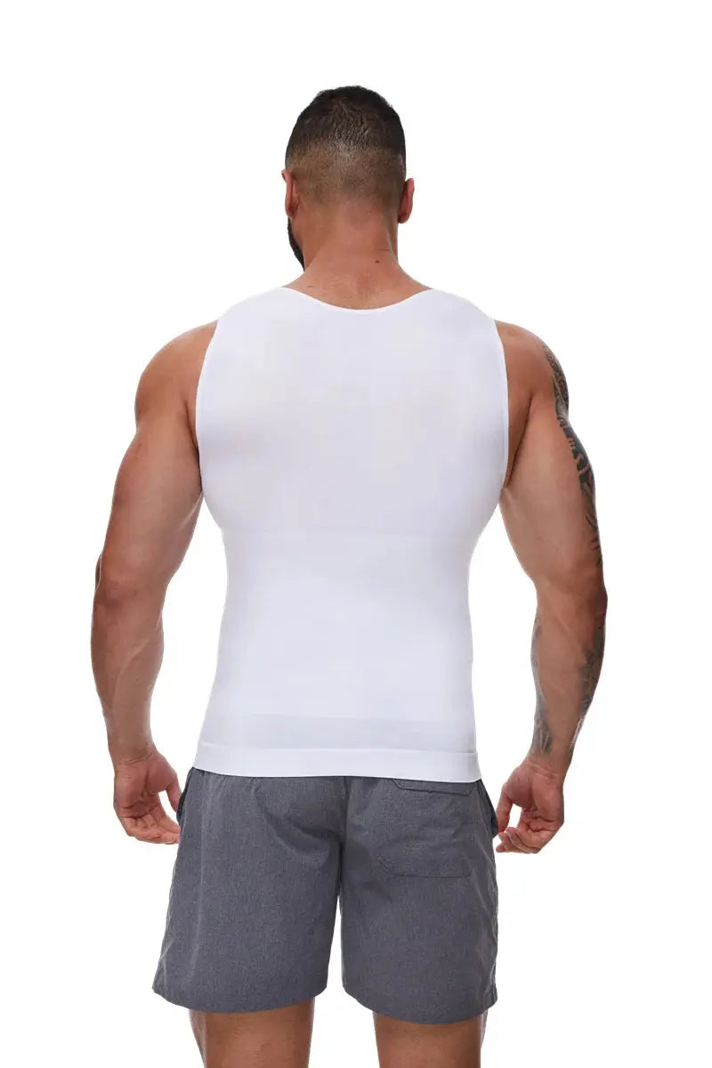Back view of men's white sleeveless compression shirt tank top with snug fit