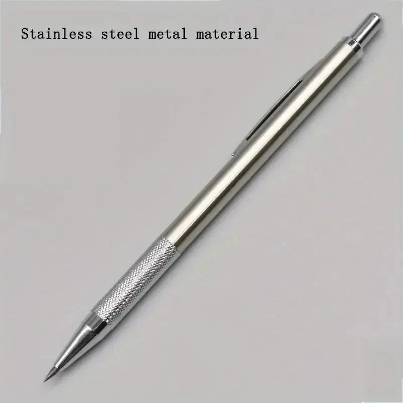 All-metal stainless steel mechanical pencil with knurled grip, retractable tip and clip