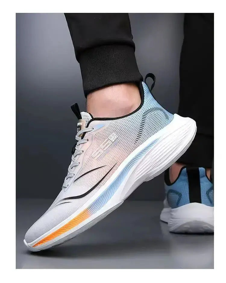 Men's running shoes by Simples Market, light gray knit upper with orange accent on white sole
