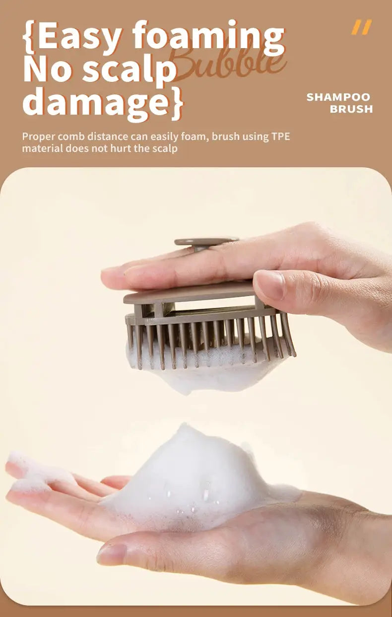 1-piece silicone shampoo brush head scalp massager with soft bristles held in hand, foamy lather