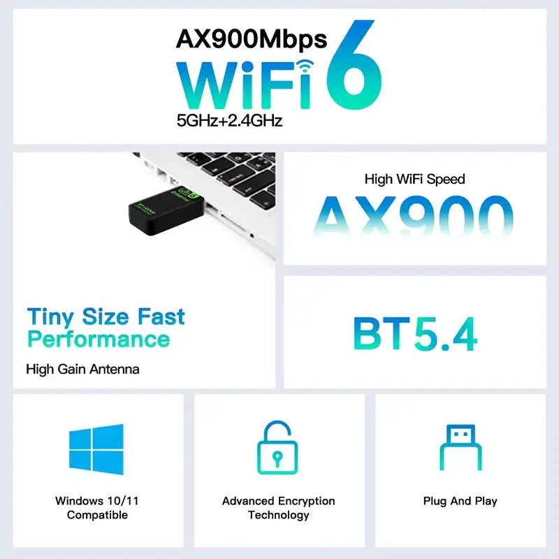 AX900 USB WiFi 6 Bluetooth 5.4 2 in 1 Adapter Dual Band 2.4 GHz and 5 GHz Wireless Dongle for Windows 10 and 11