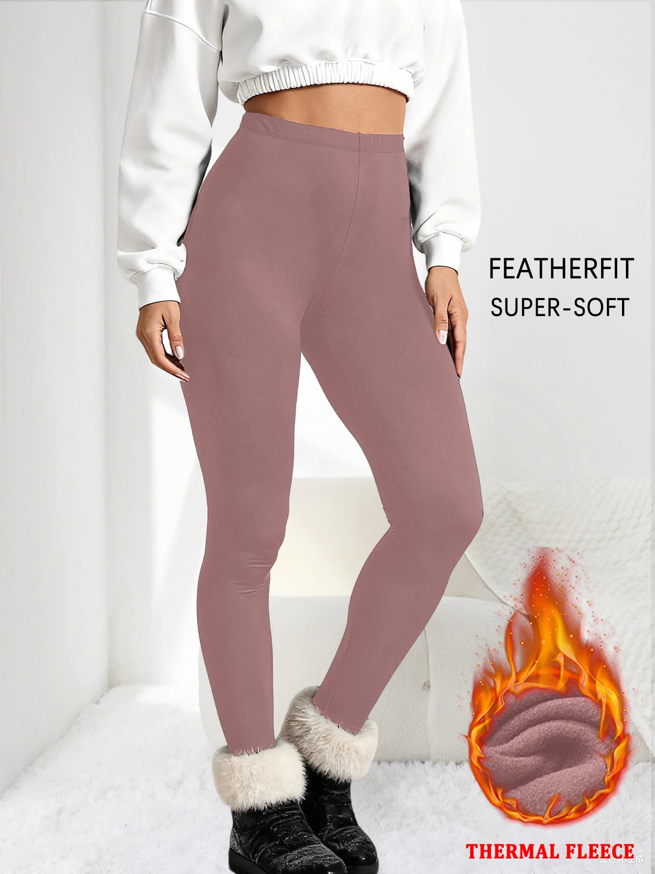 Women's thermal fleece-lined leggings in dusty rose, low-rise, by Simples Market