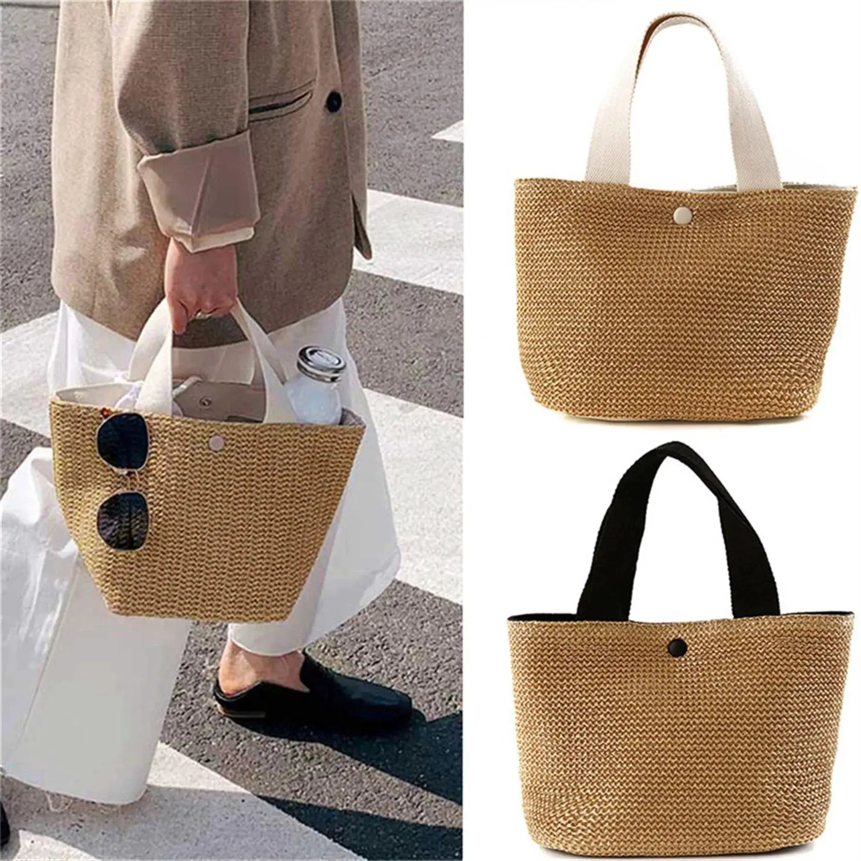 Elegant Ladies Straw Woven Handbag by Simples Market; white top-handle beach tote