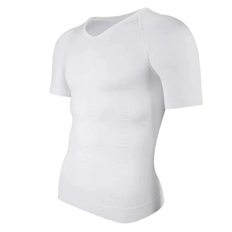 Mens slimming compression undershirt, white V-neck short-sleeve body shaper