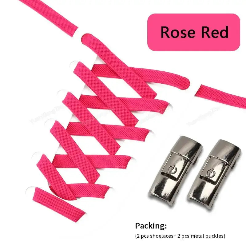 Simples Market Rose Red press-lock shoelaces, 8mm wide flat elastic no-tie laces with 2 metal buckles