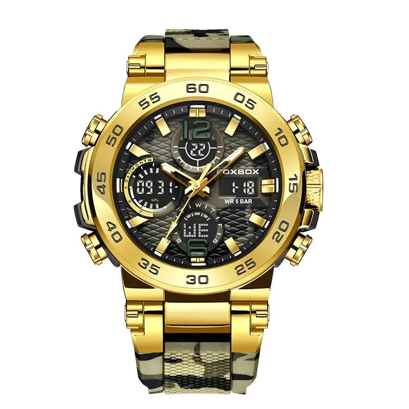 LIGE men's gold-tone electronic wristwatch with LED display, camouflage strap, water resistant 5 BAR