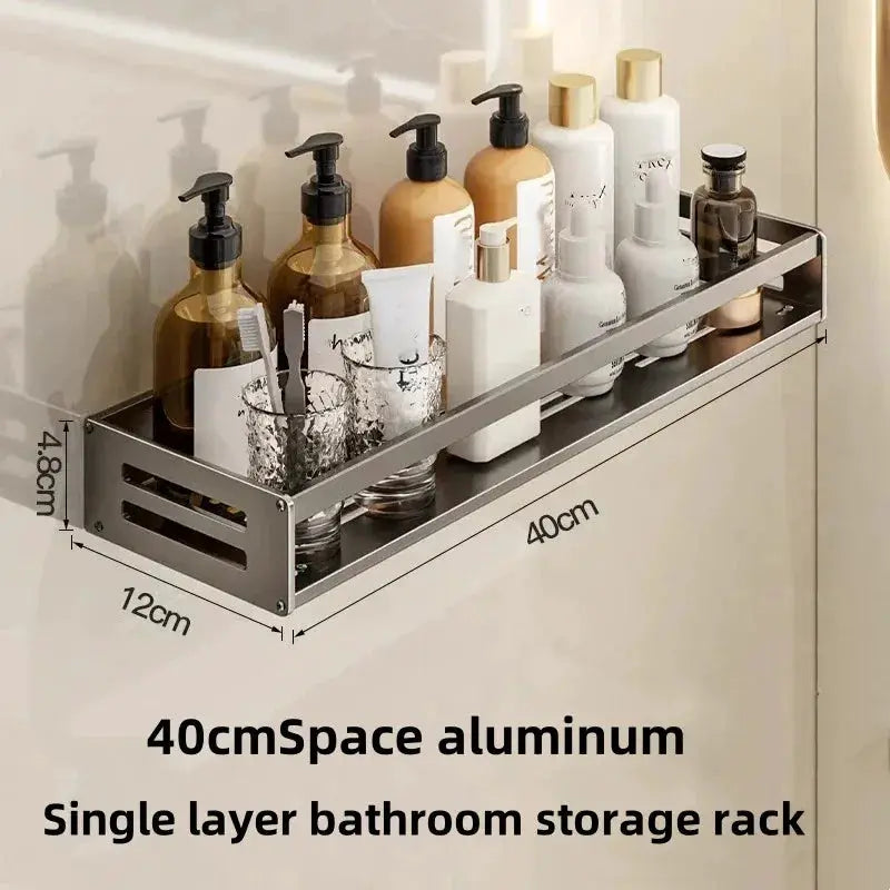 No-drill aluminum corner bathroom shelf by Simples Market; all-in-one shampoo organizer and towel holder.