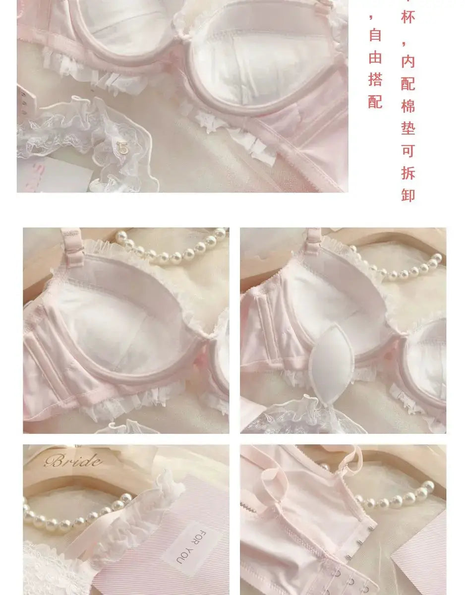 MOYISU pink lace bra set with ruffled trim and pearl necklace accent; closeups of cups, straps, and back clasp