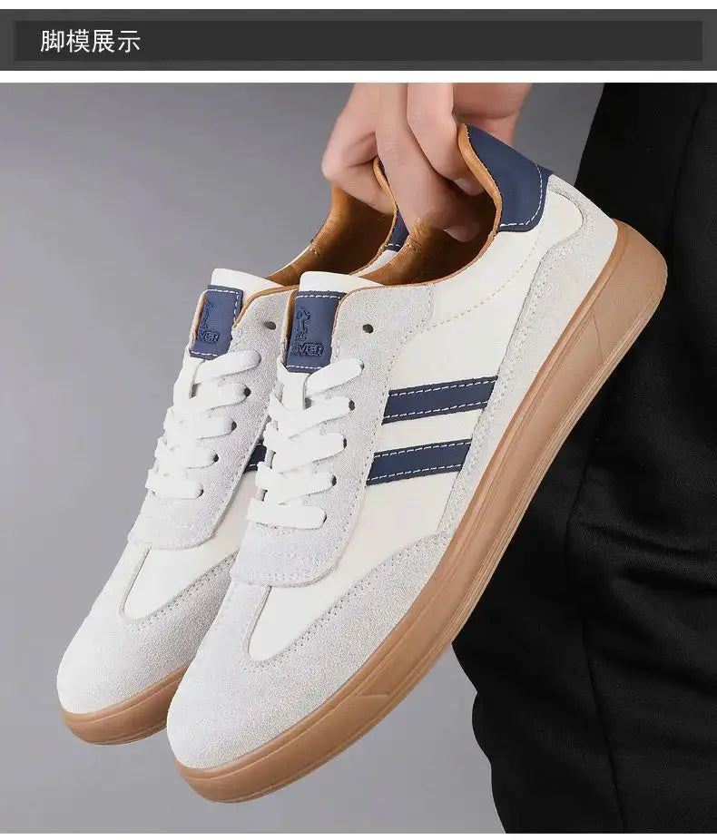 Leather sneakers by Simples Market, white with navy stripes and tan gum sole, men's casual