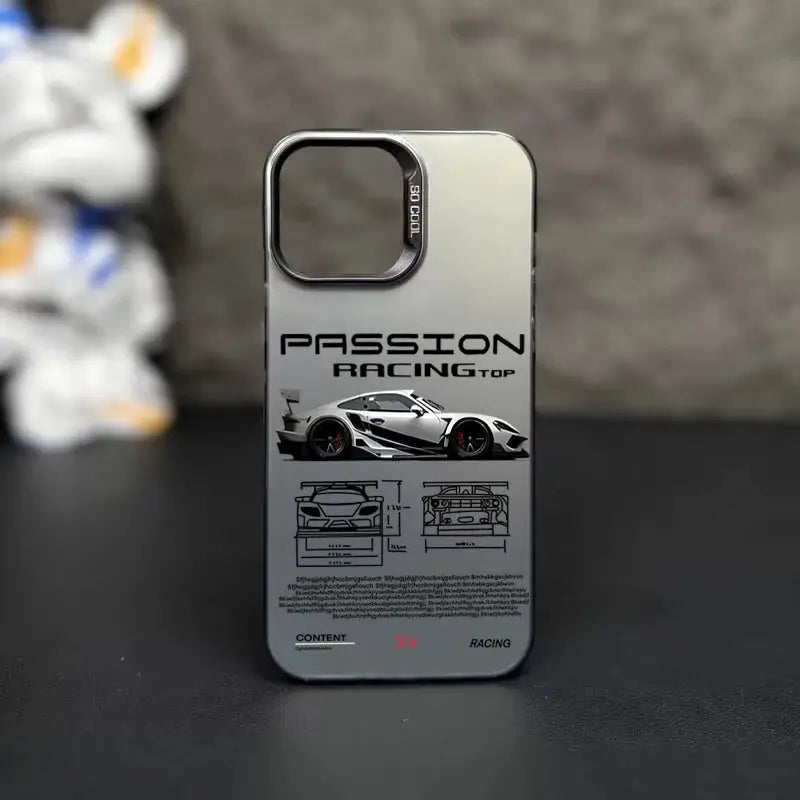 iPhone case by Simples Market, racing-style hard shell with silver gradient and car graphic