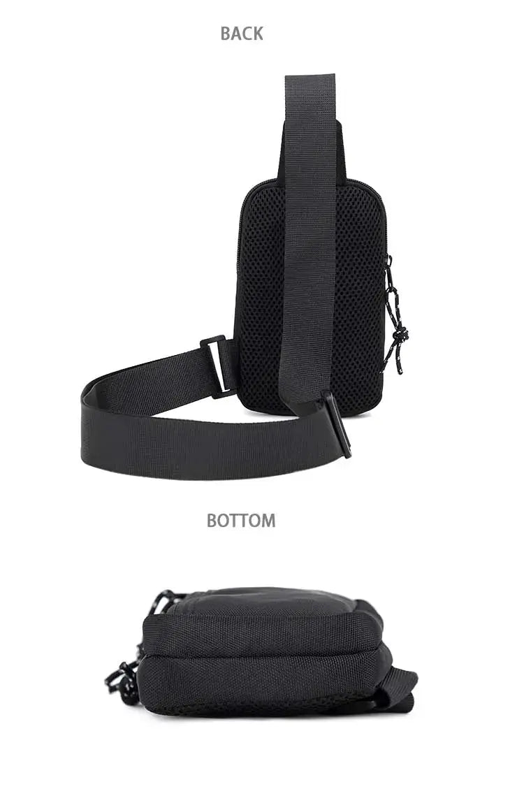 Crossbody bag for men by Simples Market, black mini chest bag with mesh back panel and adjustable diagonal strap