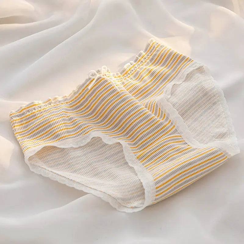 Women's cotton underwear in yellow-and-white striped mid-rise briefs with lace trim