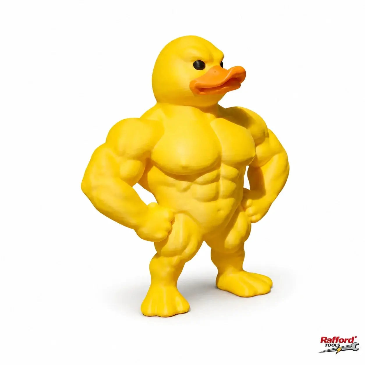 3D muscle duck statue figurine in bright yellow for desktop decor; whimsical indoor ornament with Rafford Tools logo.