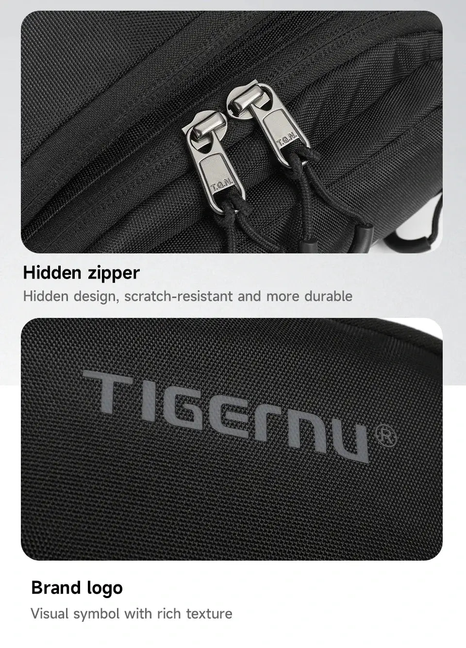 Tigernu black chest bag with hidden zipper and brand logo