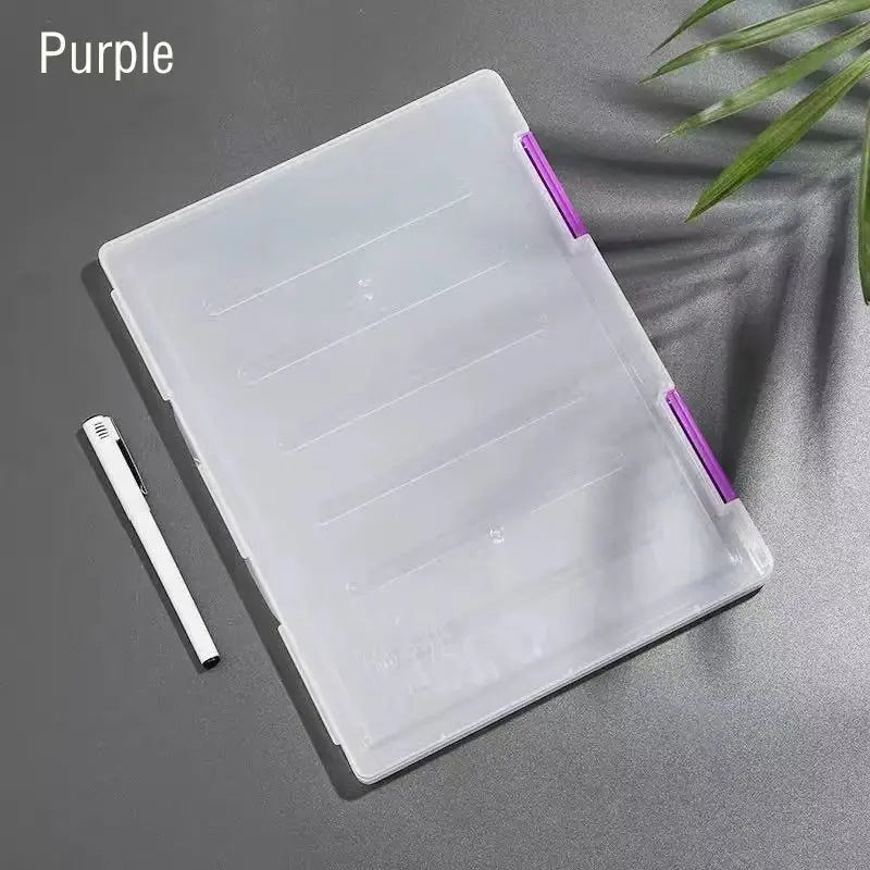 Transparent A4 plastic file box with purple latches, portable multi-layer design